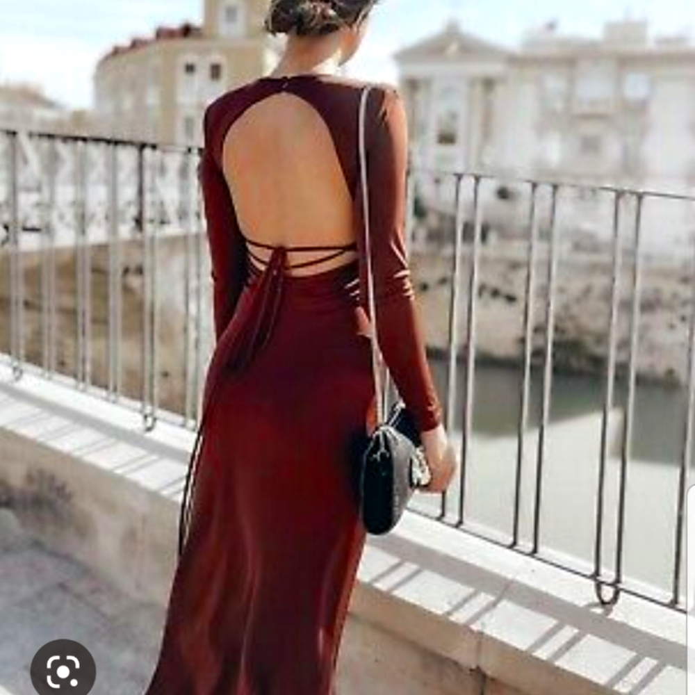 Zara open back midi high slit with shoulder pads luxury elegant dress sz Large